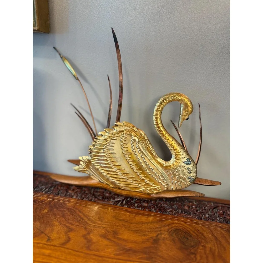 Vintage Brass Swan Wall Hanging • Mid Century Modern Bird Art
